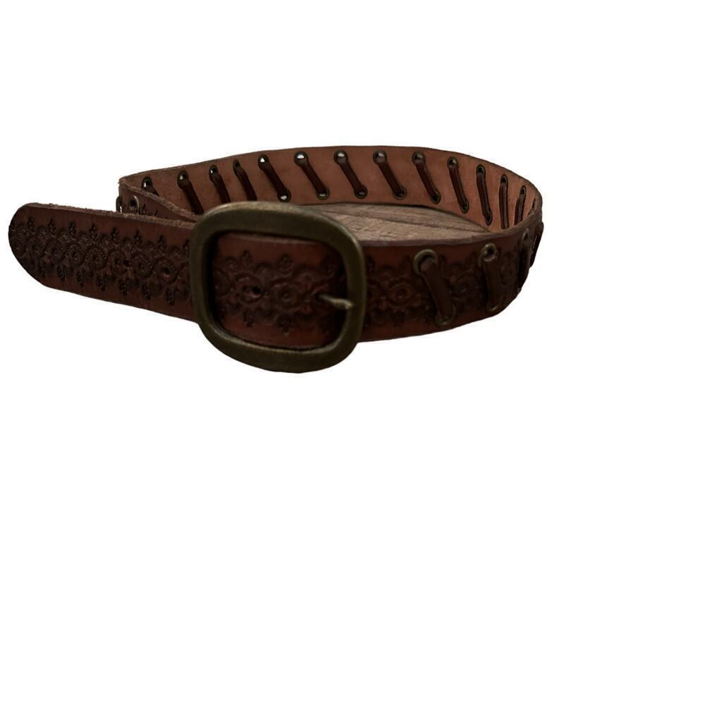 BKE Brown Floral Silver Tone Overlay Tooled Leather Belt Size M Y2K 2000